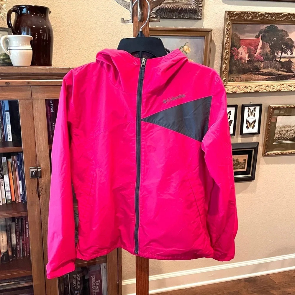 Columbia girls hooded windbreaker jacket full zip SZ L pink gray - Picture 2 of 13